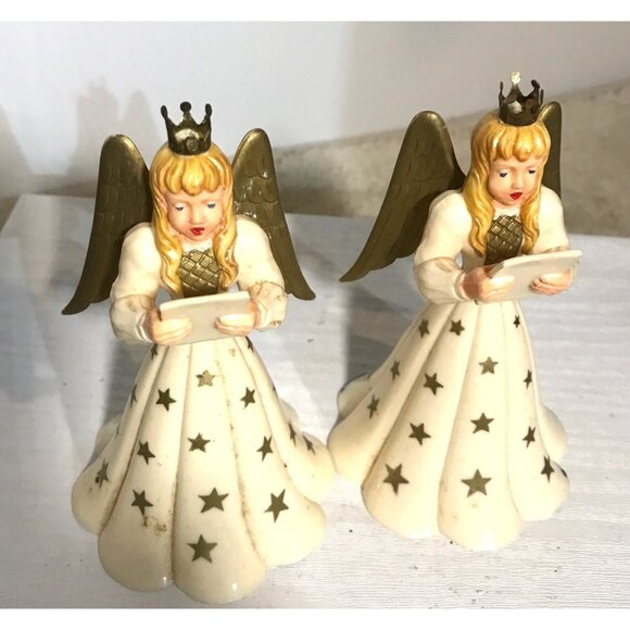 Vintage Angel Figurines Gold Star Pattern & Crowned Heads Set Of 2  Choir Angels - Picture 2 of 9